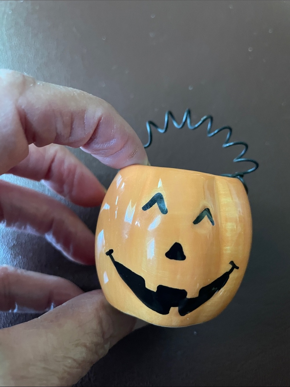 Minature Ceramic Jack-o'-lantern With Wire Handle 2 1/2" Tall x 2" Wide